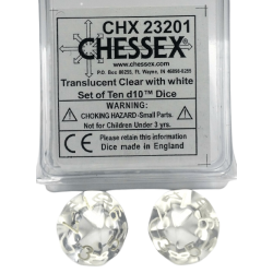 Translucent Set of 10 D10 Dice (Clear/White)