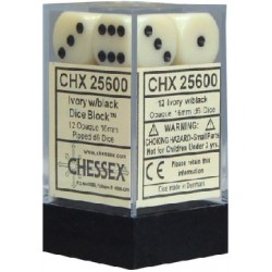 Opaque 12-Piece D6 Dice Set (Ivory/Black)