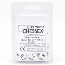 Opaque Set of 10 D10 Dice (White/Black)
