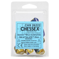 Gemini Set of 10 D10 Dice (Blue-Gold/White)