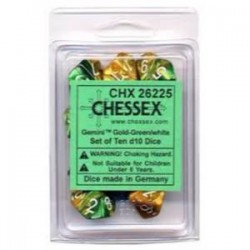 Gemini Set of 10 D10 Dice (Gold-Green/White)