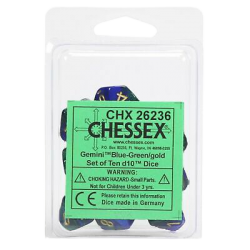 Gemini Set of 10 D10 Dice (Blue-Green/Gold)