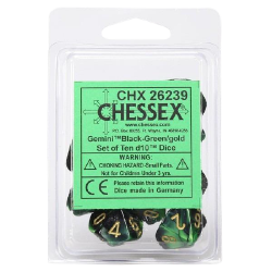Gemini Set of 10 D10 Dice (Black-Green/Gold)