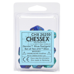 Gemini Set of 10 D10 Dice (Blue-Teal/Gold)