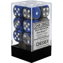 Gemini Set of 12 D6 Dice (Blue-Steel/White) 16mm