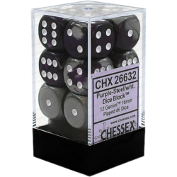 Gemini Set of 12 D6 Dice (Purple-Steel/White) 16mm