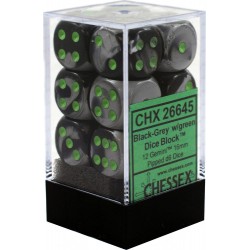 Gemini Set of 12 D6 Dice (Black-Grey/Green) 16mm