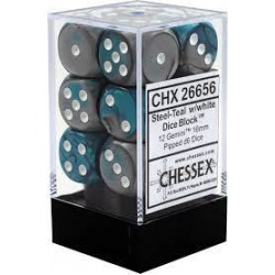 Gemini Set of 12 D6 Dice (Steel-Teal/White) 16mm