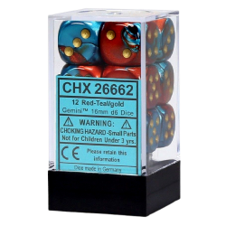 Gemini Set of 12 D6 Dice (Red-Teal/Gold) 16mm