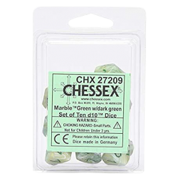 Marble Set of 10 D10 Dice (Green/Dark Green)