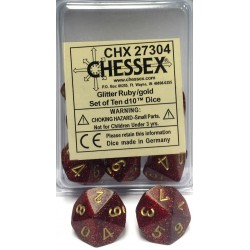 Glitter Set of 10 D10 Dice (Ruby/Gold)