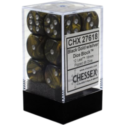 Leaf Set of 12 D6 Dice (Black Gold/Silver)