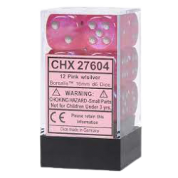 Borealis Set of 12 D6 Dice (Pink/Silver) 16mm Luminary